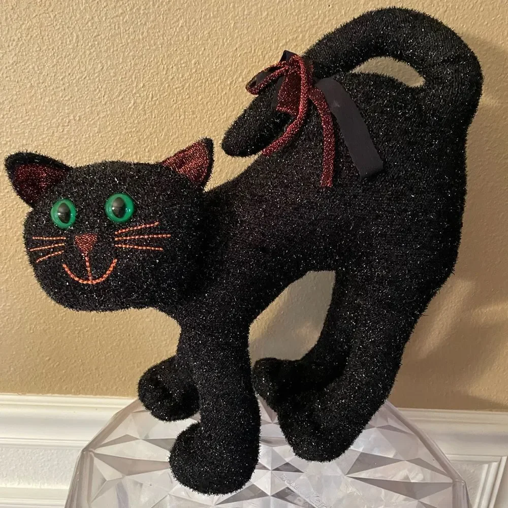 Vintage Black Cat Sparkling Green eyes Plush Free Standing Cat